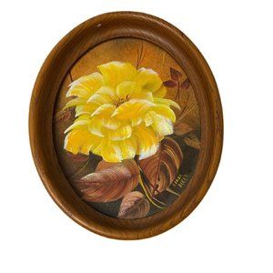 Beautiful Hand Painted Yellow Floral Oval Framed Art- Linda Baker Artist